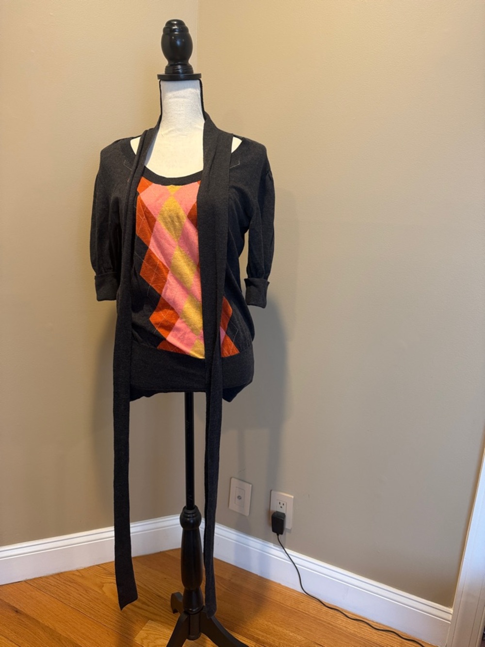 Escada Black Sweater with Pink Orange Yellow Argyle Front